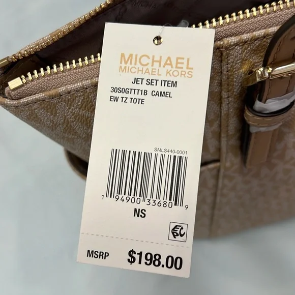 Michael Kors Camel Jet Set Item Tote Medium east west Top Zip